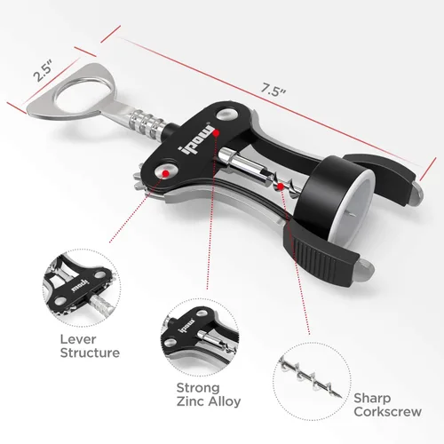 Miniatura 6 de IPOW Abridor de vino, abridor de botellas de vino de aleación de zinc, sacacorchos de ala resistente, sacacorchos multifuncional manual para Negro