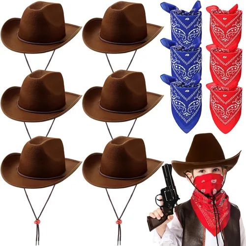 Miniatura 9 de Unittype Juego de 12 sombreros de vaquero para niños, sombrero de vaquera occidental y bandanas de poliéster para niños y niñas, disfraces