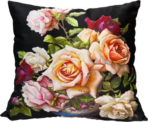 Miniatura 48 de Funda de cojín floral ligera de lujo, 18 x 18 pulgadas, pintura al óleo retro victoriana de doble cara, fondo negro, flor vibrante, funda de cojín