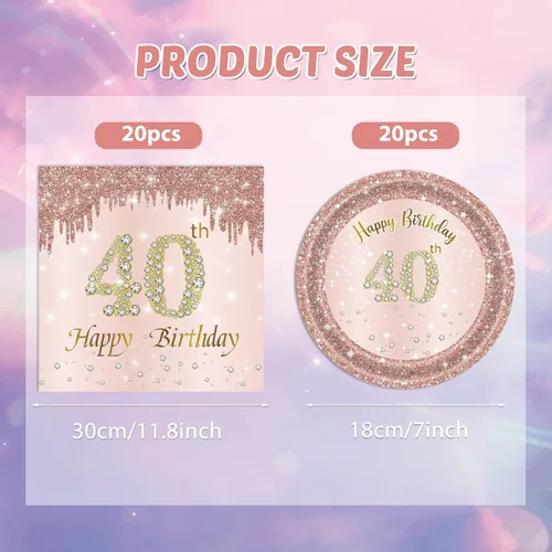 Miniatura 2 de Juego de 40 platos y servilletas de 40 cumpleaños para mujeres, juego de vajilla desechable para fiesta de 40 años de edad para decoración de 40º