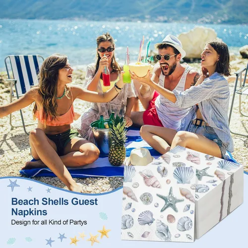 Miniatura 4 de Funrous 200 servilletas de papel de mar de 3 capas, servilletas de conchas marinas, playa costera, coral, náutico, costero, toallas de papel