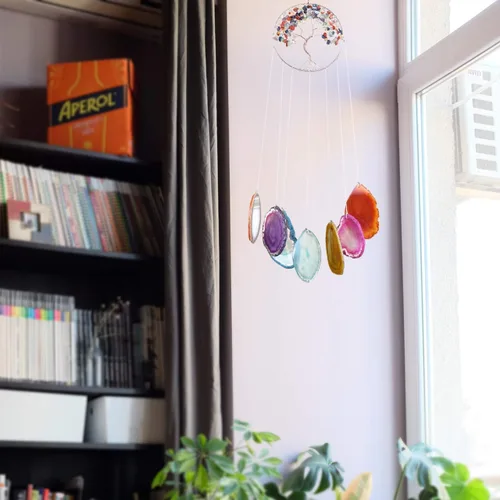 Miniatura 6 de Yoption Campanilla de viento conmemorativa con diseño de árbol de la vida, 7 chakras de cristal natural para decoración del hogar, jardín, 15.7-17.7