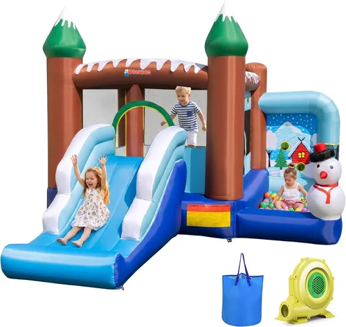 OLAKIDS Castillo inflable de salto para niños, con temática de muñeco de nieve de Navidad, con borde de baloncesto, pista de obstáculos inflable