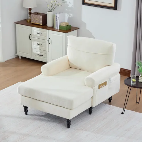 Moderno sofá reclinable individual de tela de chenilla, patas de madera con cómodo respaldo y reposabrazos, bolsillos laterales para sala de estar