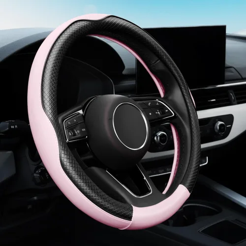 Miniatura 10 de YHONGJT Funda de volante de cuero de microfibra suave y linda de color rosa claro antideslizante, universal de 15 pulgadas para mujeres y niñas