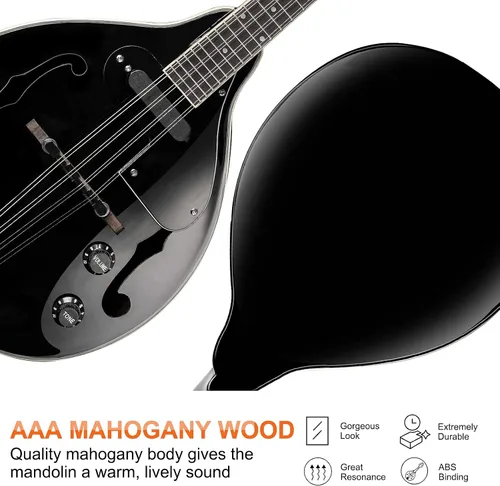 Miniatura 3 de Vangoa Instrumento de Mandolina de Caoba Eléctrico Acústico Estilo A, Mandolina Musical para Principiantes, Adultos, Adolescentes, Niños, Negro