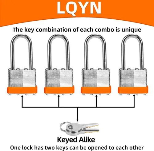 Miniatura 3 de Candados con la misma llave, LQYN 24 candados laminados con llave (1-9/16 pulgadas, 1.575 in), cerraduras con llave igual, grillete largo