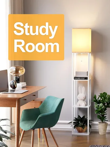 Miniatura 9 de Lámpara de pie con estantes para sala de estar, paquete de 2, lámpara de pie con 3 bombillas LED CCT, lámpara de columna de pie, organizador