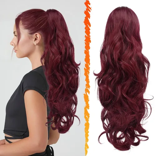 Miniatura 12 de BARSDAR Extensión de cola de caballo rojo burdeos, extensiones de cabello ondulado con cordón de 16 pulgadas para mujer, extensiones de cabello