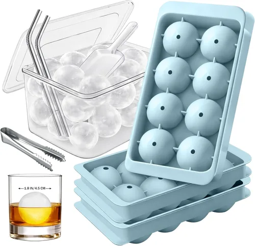 Miniatura 9 de Bandeja grande de silicona para cubitos de hielo, paquete de 3 bandejas para 8 cubos cuadrados con cubo grande, cuchara, pinza y 2 pajitas SS, molde