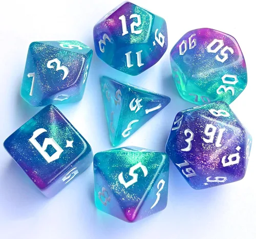 Miniatura 6 de Dados DND Galaxy de 7 piezas, con purpurina cósmica azul y negro mixto, dados DND poliédricos para juegos de mesa RPG MTG