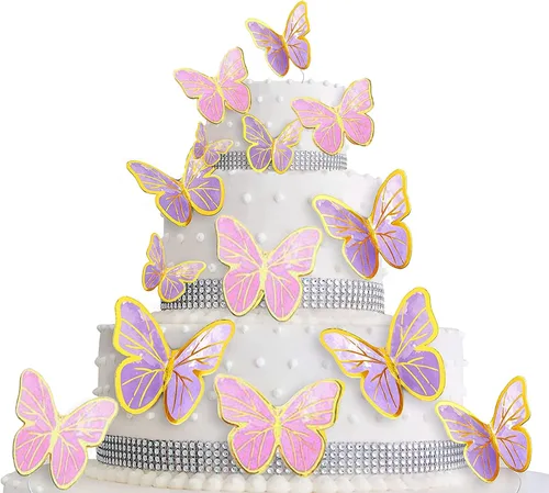 Juego de 80 adornos de mariposa para tartas de feliz cumpleaños, colores mezclados en 3D, rosa y morado, para cupcakes de mariposa con pegamento