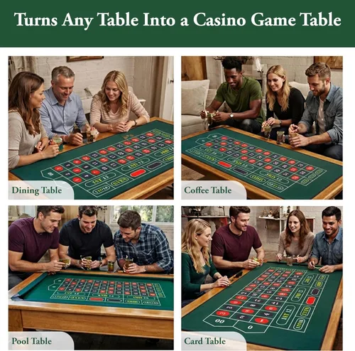 Miniatura 4 de Alfombrilla de fieltro 2 en 1 para juegos de casino, diseño de ruleta y dados de doble cara, mantel profesional para noche de casino en casa