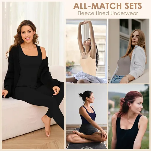 Miniatura 5 de Conjuntos de ropa interior térmica para mujer, pantalones largos de forro polar, capa base térmica, para clima frío, conjunto de camiseta e inferior
