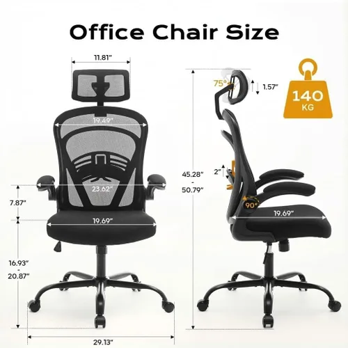 Miniatura 3 de Silla de oficina ergonómica de malla, silla de escritorio de respaldo alto con soporte lumbar ajustable y reposacabezas, reposabrazos abatibles
