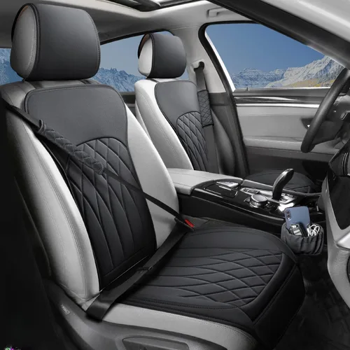 Miniatura 18 de BEITK Paquete de 2 fundas de cuero para asiento delantero de automóvil, protectores universales para asiento de automóvil sin laterales con bolsillo