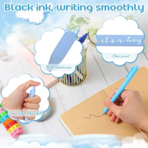 Miniatura 3 de Chuangdi Juego de 50 bolígrafos de baby shower, recuerdos para invitados, bolígrafos con texto en inglés "It's a Boy Girl", tarjetas de Azul