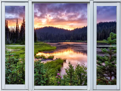 Miniatura 2 de wall26 Adhesivo mural removible para pared, vista de ventana, majestuosa cordillera, lago, bosque, naturaleza, fotografía, realismo, paisaje