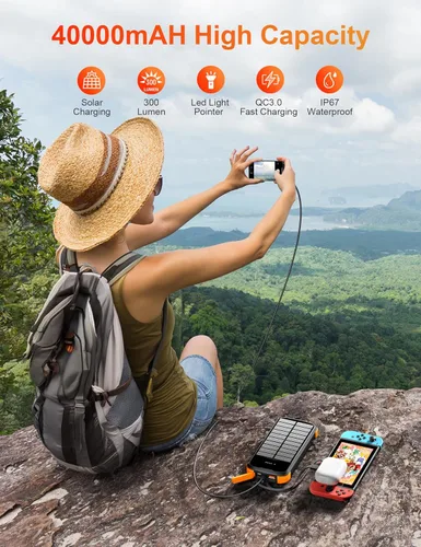 Miniatura 5 de MINRISE Banco de energía solar de 40000 mAh, cargador portátil PD de 20 W, cargador solar de carga rápida, cargador solar integrado con 4 cables