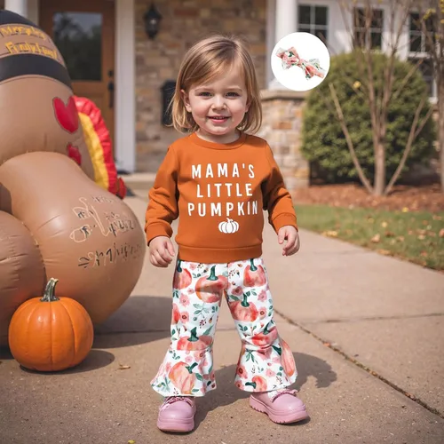 Miniatura 68 de Conjunto de sudadera con cuello redondo y estampado de pastel de calabaza para niña, camiseta y pantalones acampanados