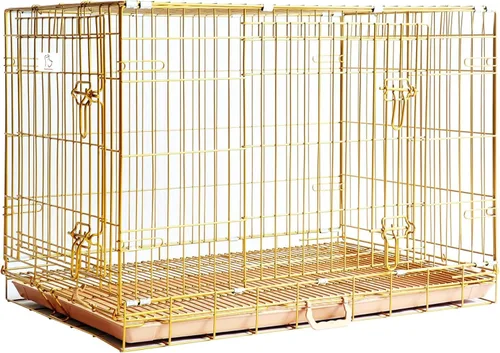 HOMEY PET Jaula de Cobre Dorado para Perros de 91 cm, Jaula Portátil Plegable de Alambre de Metal para Perros, con Parrilla de Piso Extraíble,