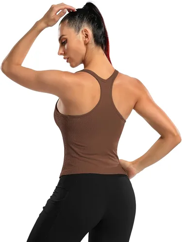 Miniatura 89 de ATTRACO Camiseta corta acanalada de entrenamiento para mujer con brasier integrado para yoga, espalda cruzada, ajuste ajustado