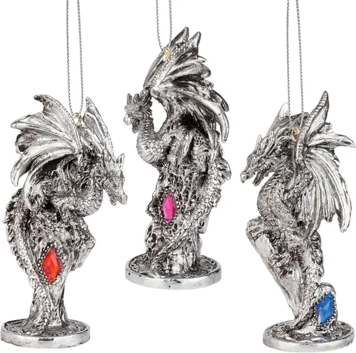 Design Toscano - Juego de adornos de 3 dragones de Amesbury montados en piedras preciosas, color plateado, Navidad