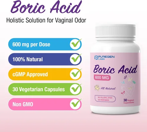 Miniatura 5 de Puregen Labs - Supositorios vaginales de ácido bórico de 600 mg - 100% puros Todo natural sin tintes ni rellenos Apoya el equilibrio del pH