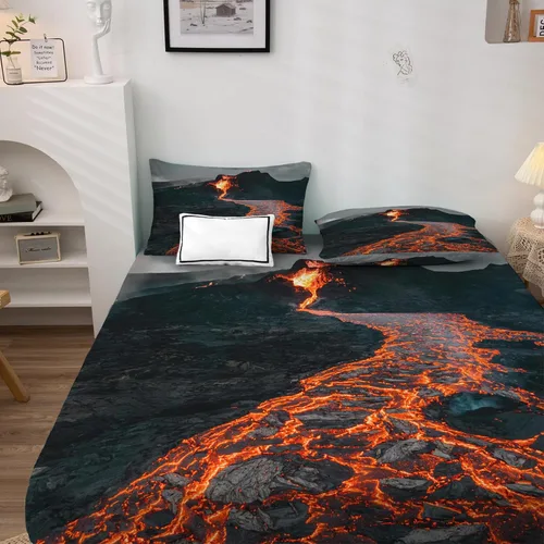 Miniatura 2 de Volcano Sábanas tamaño individual, sábanas de magma, sábanas y fundas de almohada estampadas de 3 piezas, sábana bajera ajustable de microfibra