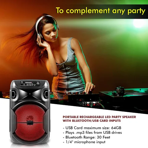 Miniatura 8 de Technical Pro 8 pulgadas portátil 800 vatios altavoz Bluetooth con woofer y tweeter, Festival PA LED altavoz con tarjeta Bluetooth/USB, estéreo
