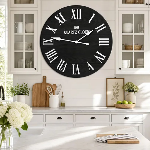 Miniatura 5 de ARTPOWER Reloj de pared grande de granja, reloj de pared Shiplap de 35.5 pulgadas con número romano, casi sin tictac, relojes de pared redondos