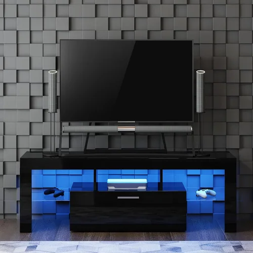 Miniatura 2 de Moderno soporte de TV negro para TV de 32/40/50/55+ pulgadas, consola de TV centro de entretenimiento, soporte de mesa de TV LED con almacenamiento