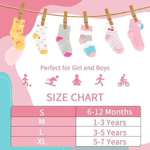 Miniatura 6 de Calcetines antideslizantes para niños pequeños, 15 pares, calcetines de agarre para niñas y niños de 0 a 7 años, calcetines suaves de dibujos
