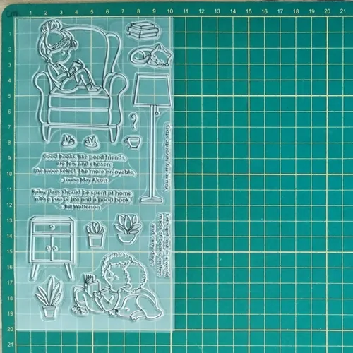 Miniatura 5 de Juego de sellos y troqueles para niña con un libro en el sofá para hacer tarjetas, sellos transparentes y troqueles de corte de metal para álbumes
