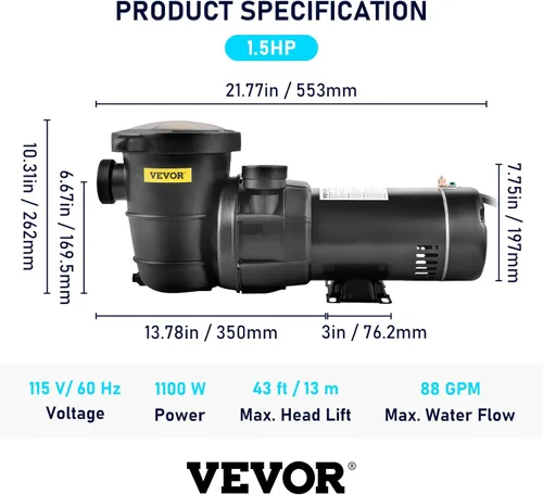 Miniatura 7 de VEVOR Bomba de piscina, 1.5 HP 115 V, 1100 W Bombas de velocidad única para piscina sobre el suelo con cesta de colador, 5280 GPH Max. Caudal