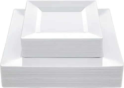N9R 60 platos de plástico cuadrados blancos, 30 platos de cena y 30 platos de postre resistentes, platos desechables elegantes para fiestas, bodas y