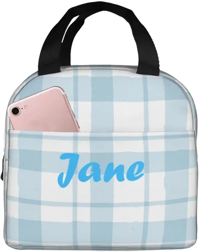 Miniatura 13 de Lonchera con diseño a cuadros azules aislada, bolsa térmica para almuerzo para adultos, niños, niñas, mujeres, oficina, trabajo, escuela, picnic