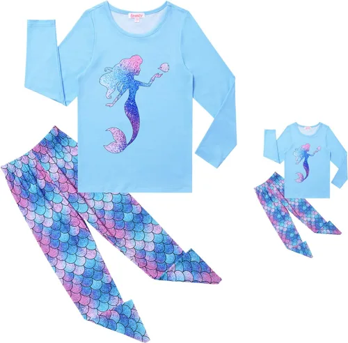 Miniatura 29 de QPANCY Conjunto de pijamas a juego para niñas y muñecas, pijamas de manga larga para otoño e invierno