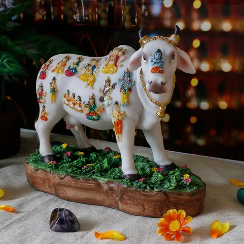 Miniatura 3 de Estatua de vaca de Dios indio que cumple con los deseos, 8.7 pulgadas de largo, figura de ídolo indio Kamadhenu, decoración para hombre indio