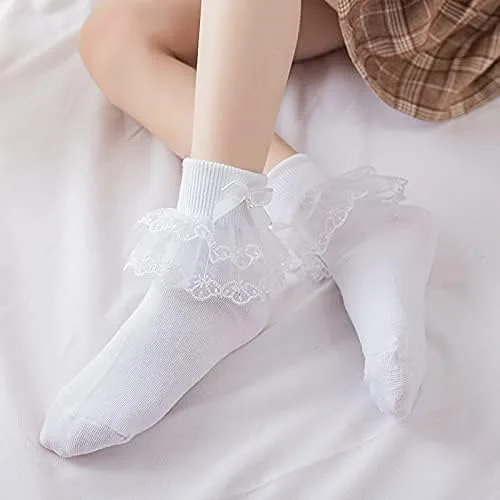 Miniatura 4 de 2 pares de calcetines de primera comunión con perlas de lazo blanco con volantes para bautizo, calcetines de bautismo con capas de encaje para bebé