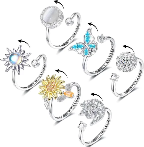 Honsny Fidget Rings for Women, Spinner Fidget Ring Set, Sunflower Butterfly Bee Star Moon Relief Spinning Rings for Adults B 6 piezas