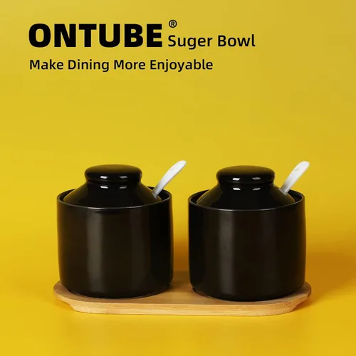 Miniatura 8 de ONTUBE Azucarero de cerámica con tapa y cuchara, juego de 2, caja de condimentos de porcelana con bandeja, 8 onzas (negro)
