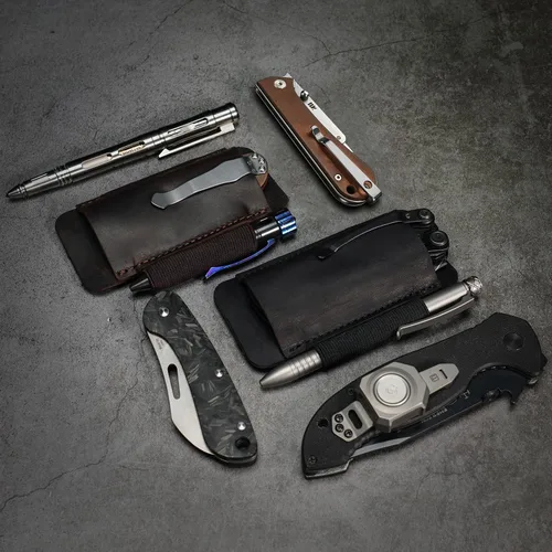 Miniatura 7 de Funda de cuchillo de cuero VIPERADE PJ33 para cinturón, funda de navaja de bolsillo horizontal con soporte elástico para bolígrafos, funda de Marrón