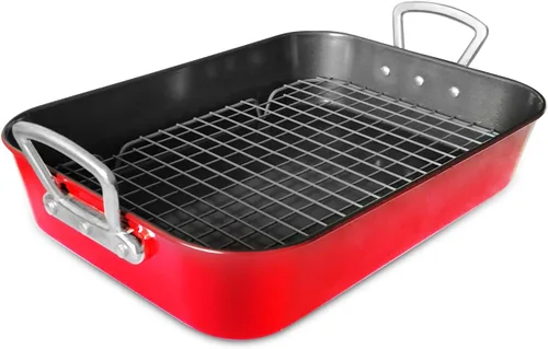 Sartén para asar con estante antiadherente para hornear con asa, de acero al carbono, para asar pavo, pollo, verduras, carne de res, mariscos, Rojo