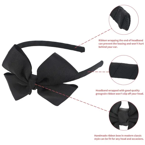 Miniatura 5 de Diadema de lazo negro a la moda, lazo grande de grogrén para el pelo, para niñas y niños pequeños, decoración de fiesta, disfraz de cosplay