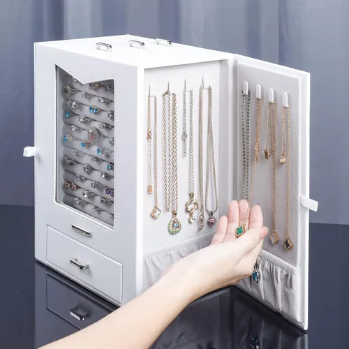 Miniatura 8 de Homde Organizador de joyas con ganchos de ventana de cristal real, regalo para mujeres, caja de joyería para collares, anillos, aretes, pulseras