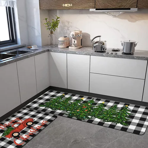Miniatura 2 de Juego de 2 alfombras y tapetes de cocina de Feliz Navidad, a cuadros, pan de jengibre, chocolate caliente, Navidad, invierno, vacaciones, fregadero
