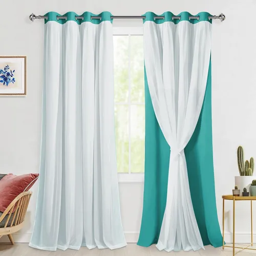 Miniatura 91 de Hiasan Cortinas opacas con superposición transparente, aislamiento térmico para mezclar y combinar de doble capa, cortinas de oscurecimiento de Beige
