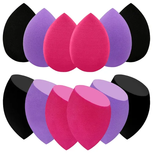 12 piezas de set de esponjas de maquillaje profesional, esponjas suaves sin látex, aplicadores cosméticos multicolores para polvo, líquido, Negro