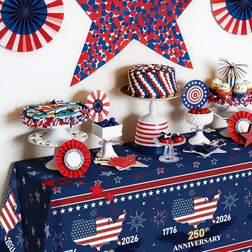 Miniatura 4 de 3 manteles de plástico de 54 x 108 pulgadas, manteles de plástico desechables rectangulares para el Día de la Independencia de Estados Unidos